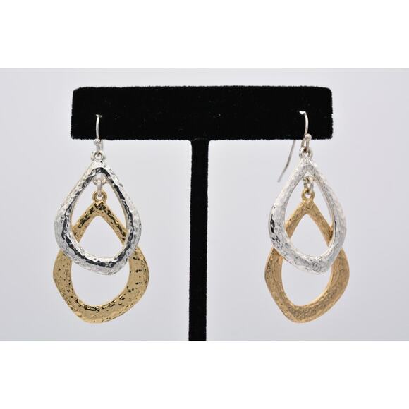 Liz Claiborne Vintage Dangle Earrings Silver Gold Tone Pebbled Shiny 1990s BinU - Picture 1 of 12